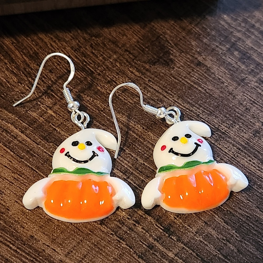 Handmade Ghost Pumpkin Halloween Drop Earrings White Orange Spooky‎ Festive